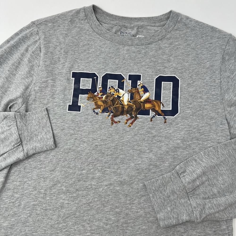 Polo‎ Ralph Lauren Kids Triple-Pony Logo Cotton Long Sleeve Tee Large 14/16 Gray